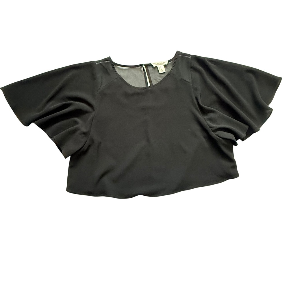 Forever 21 Womens Black Sheer Yoke Flutter Sleeve Crop Top Small Dark Romantic